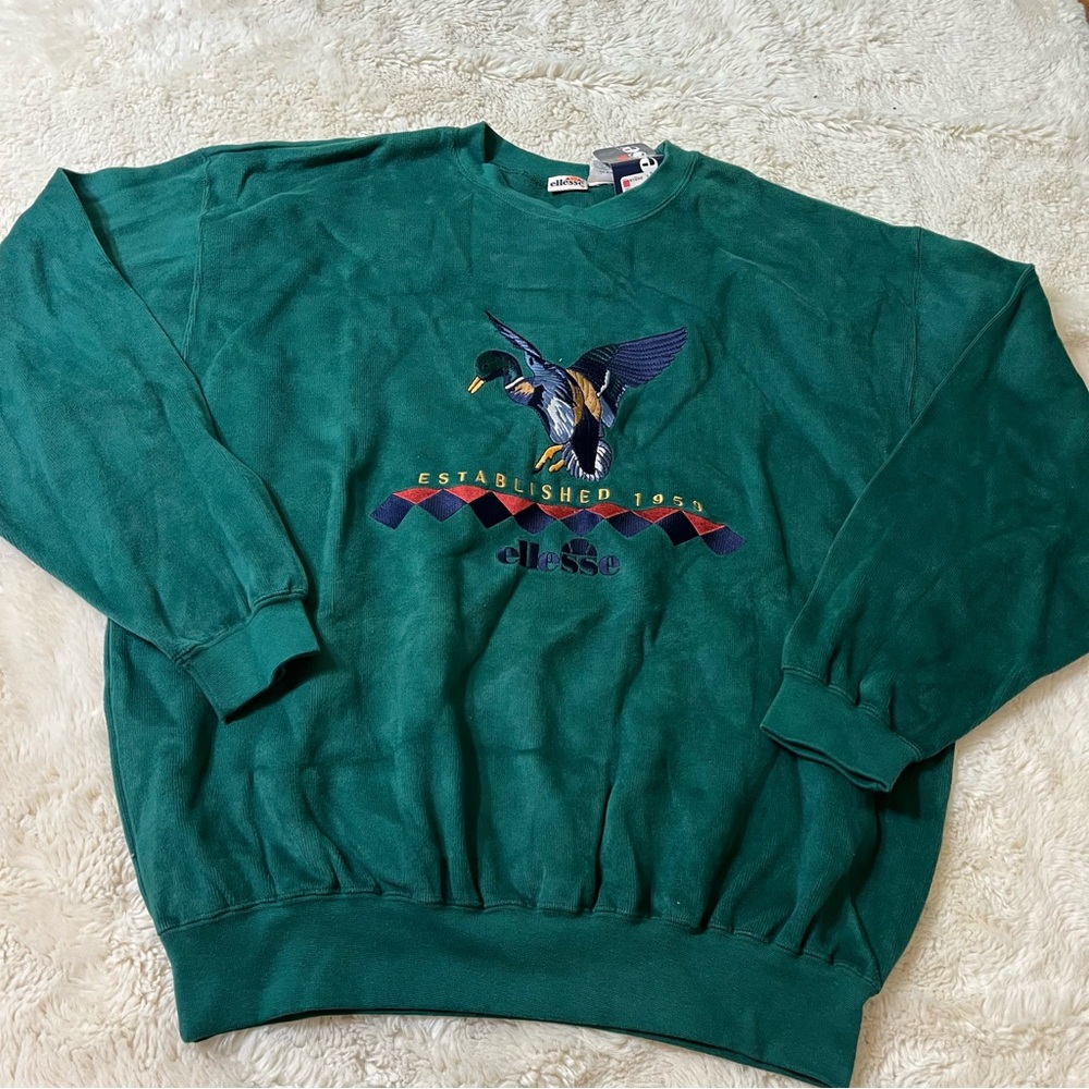 NWT VINTAGE Ellesse Tennis Mens Crew Neck Sweatshirt Medium Green Duck Embroider